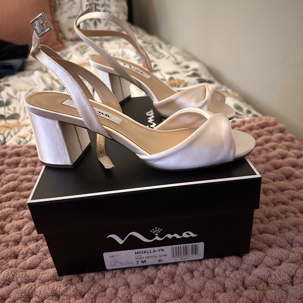 Nina Women's Satin Block Heels - Ivory